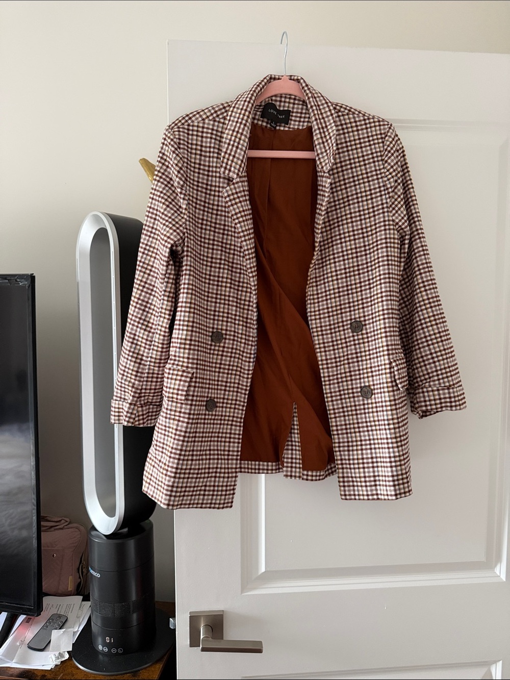 Love Tree Brown & White Checked Double-Breasted Blazer
